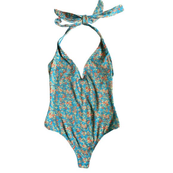 Free People Lola Pastel Blue Ditzy Floral Print Halter V Neck Bodysuit Size XS - Picture 4 of 10